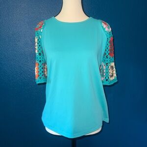 Women's Turquoise Top with Crochet Sleeves